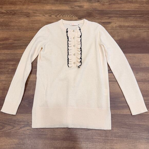 Tory Burch EMILY Cashmere Sweater Gold Logo Pearl Button Front Ivory White XS - Picture 3 of 12